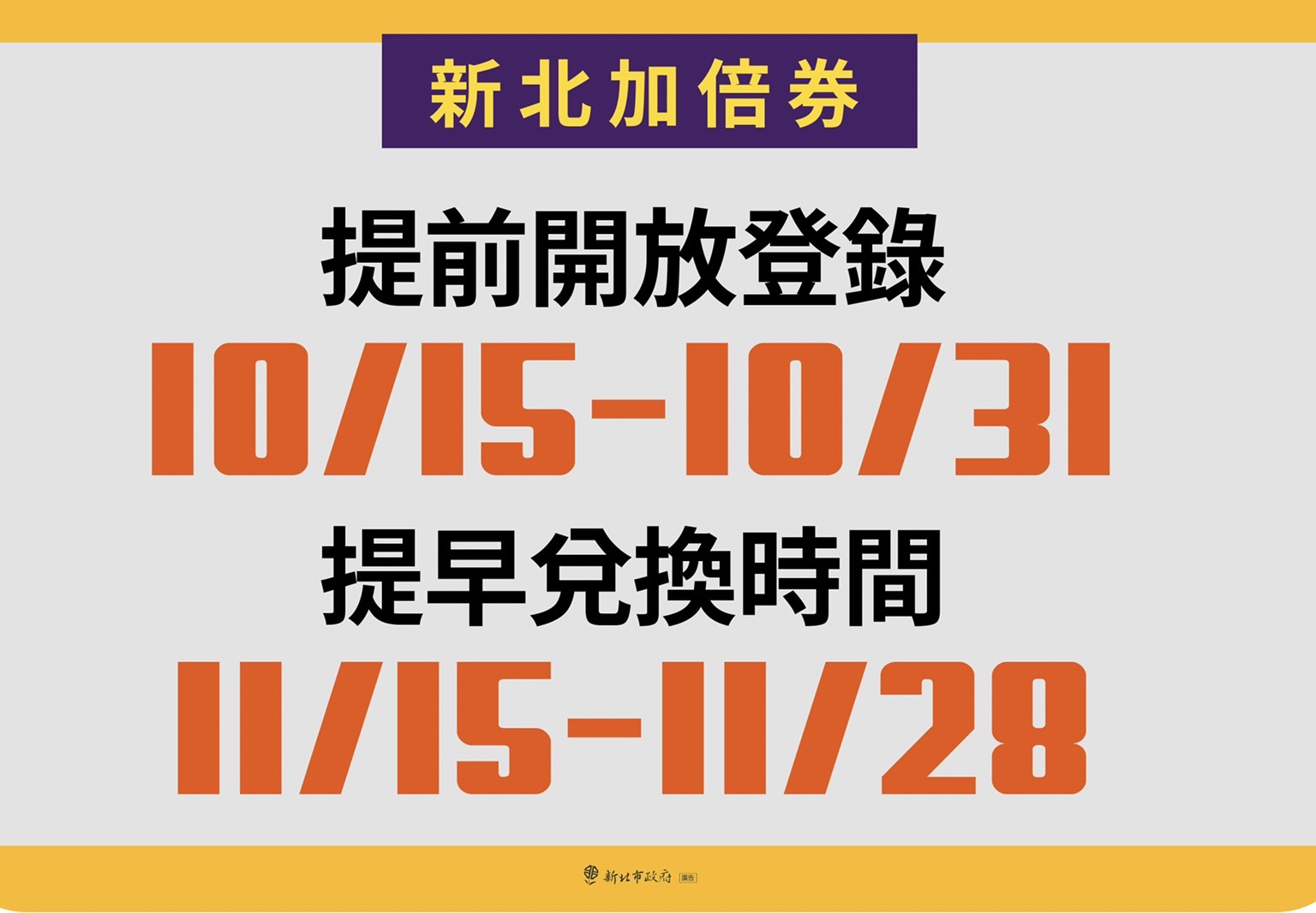 新北加倍券10月20日到10月31日開放登記抽獎。